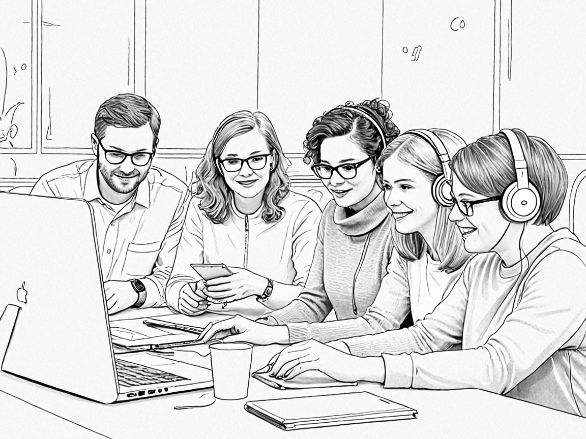 A diverse group of five individuals, including one wearing headphones, gathered around a computer, actively discussing accessibility solutions