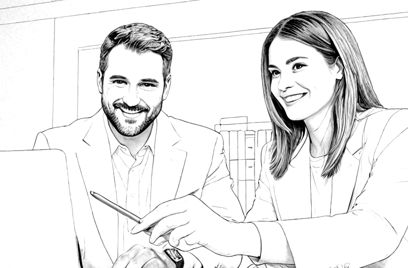 Two accessibility experts, a man and a woman, smiling and engaged in a discussion while working on a laptop. They appear collaborative and focused, symbolising teamwork in addressing web accessibility issues.