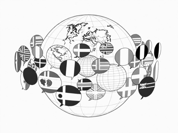 A black-and-white illustration of a globe with multiple speech bubbles surrounding it, each containing different national flags, symbolising global communication and multilingual accessibility