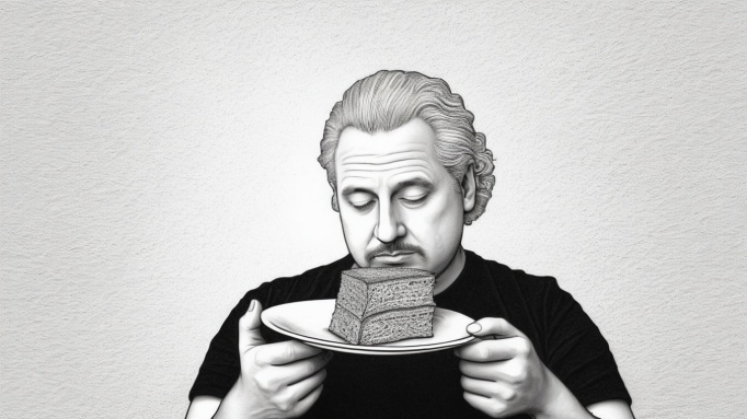 "A monochromatic illustration of a man holding a plate with a slice of cake, gazing at it thoughtfully."